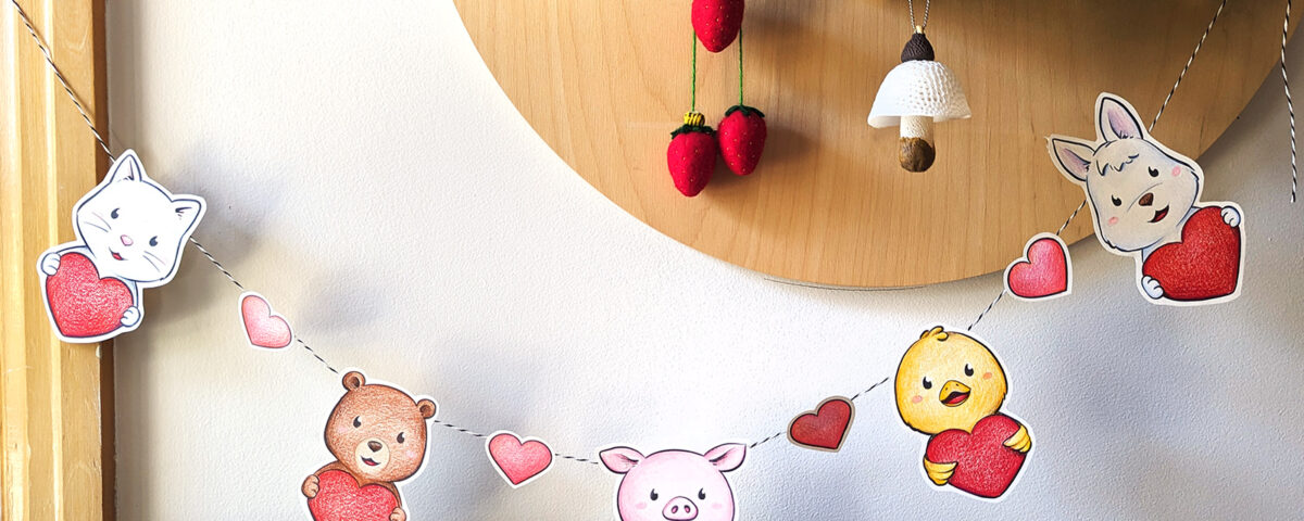 Guirlande à colorier pour la Saint-Valentin représentant des animaux mignons