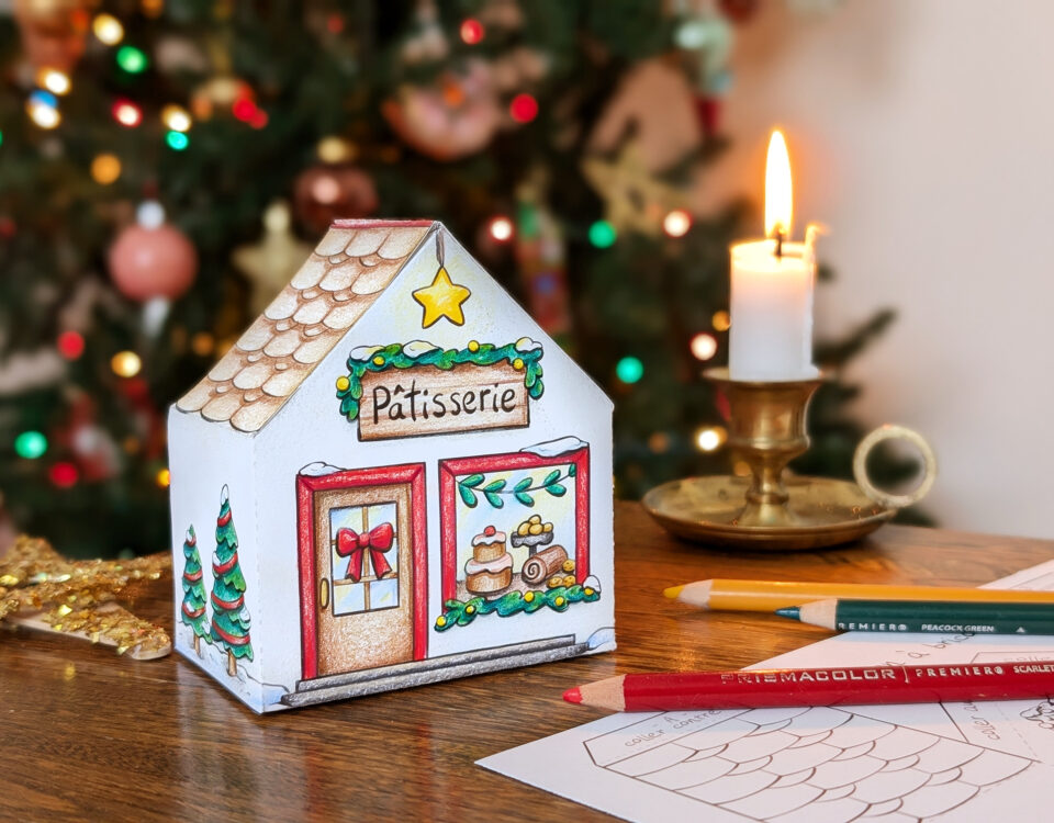 Petite maison pâtisserie de Noël gratuite à colorier et bricoler Jaune Pop